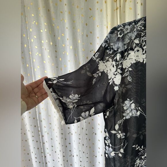 Chocolate USA Floral Sheer Short Sleeve Eyelet Lace Open Swim Cover Up Cardigan - Picture 3 of 7